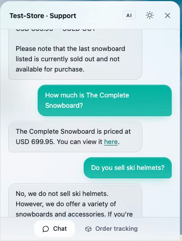 Der Axyom-Assistent in einem Test-Shop: Er nennt den Preis eines Snowboards mit Link und sagt ehrlich, dass der Shop keine Skihelme führt.
